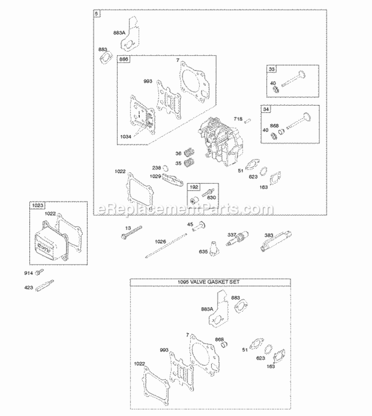 Cylinder Head Gasket Set-Valves Valves Diagram and Parts List for 12Q907-0133-B1  Briggs and Stratton Engine